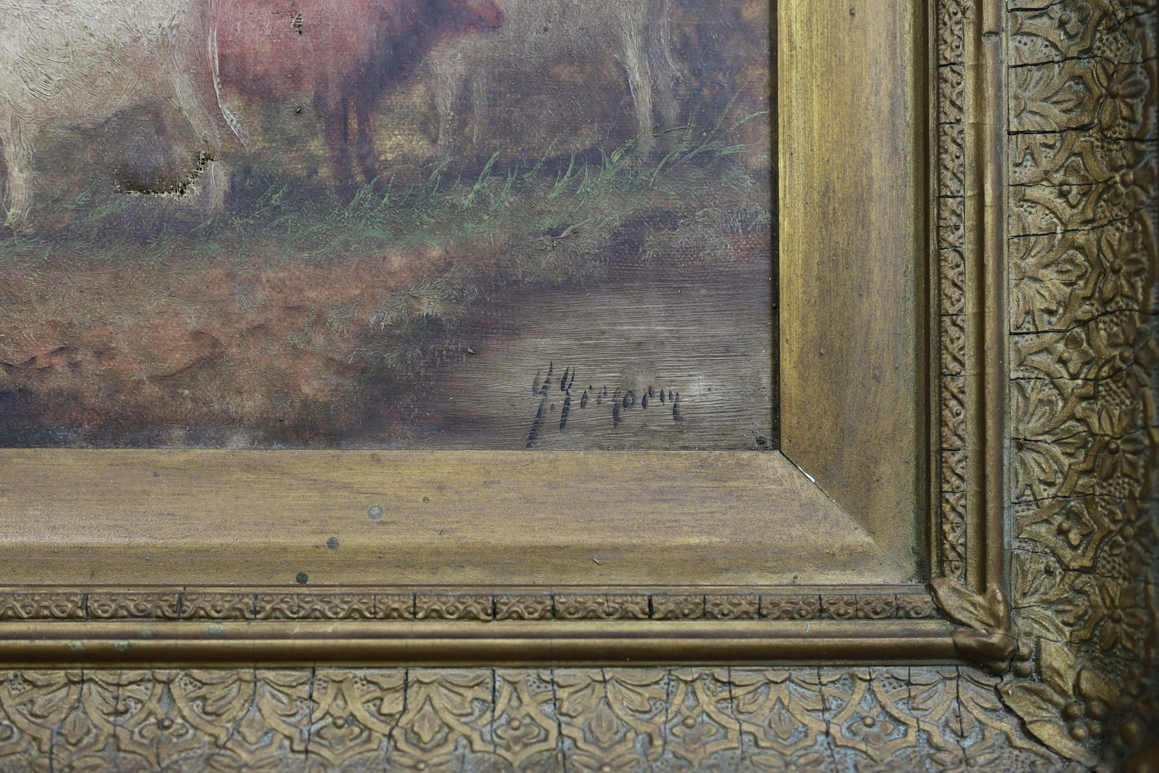 George Gregory (British, 19thC.), oil on canvas, Highland cattle in a landscape, signed, 20 x 29cm